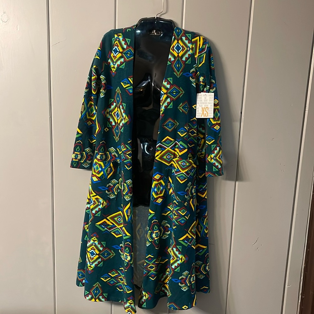 NWT LulaRoe Cardigan Duster Coat Southwest Green Artsy Bohemian Festival Western